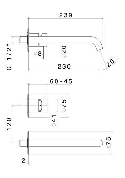 2-Loch Unterputz Waschtischmischer mit Wandauslauf, Edelstahl V4A, Inox Aisi 316