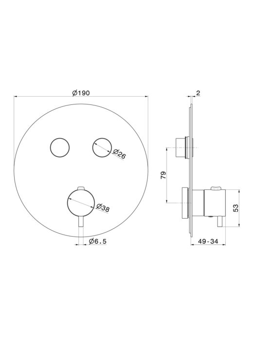 2-Wege-Thermostatarmatur NF GINA zur Unterputz-Installation aus Edelstahl V4A Inox 316L, technische Zeichnung