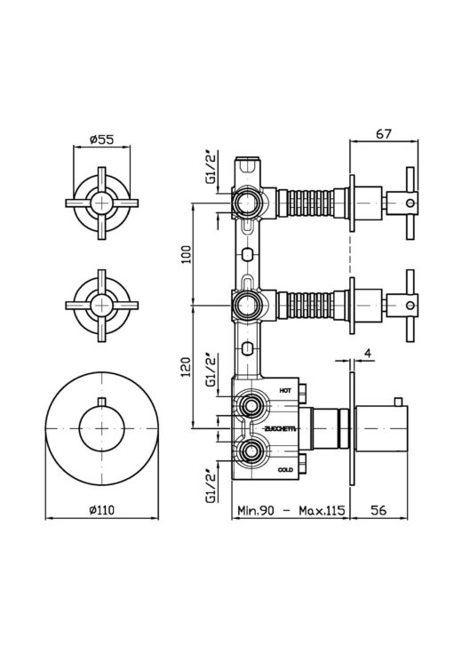 2-Wege-Thermostatarmatur ZC HELM mit Kreuzgriffen aus Edelstahl, technische Zeichnung