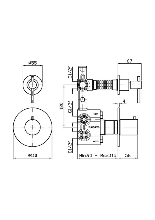 1-Wege-Thermostatarmatur ZH HELM, Edelstahl Inox Aisi 316L, V4A, matt gebürstet Oberfläche Design-Badarmatur mit Hebelgriff am Ventil, Zeichnung mit Maßen