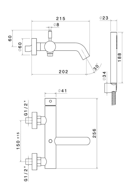Aufputz-Einhebel-Wannenmischer NF GINA aus Edelstahl 316L, technische Zeichnung