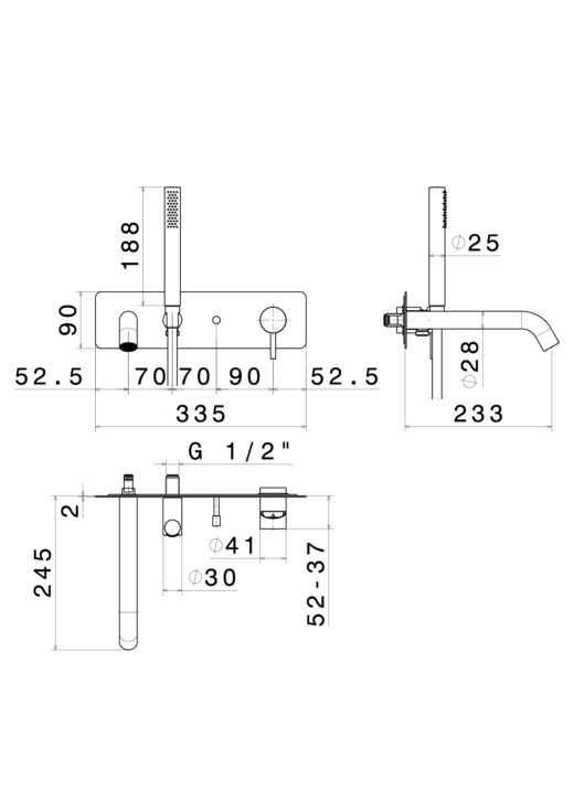 Technische Zeichnung Badewannenarmatur NF GINA mit Handbrause aus Edelstahl 316